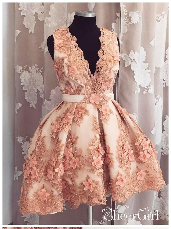 V neck Short Prom Dresses Beaded Lace Appliqued Homecoming Dresses –  SheerGirl