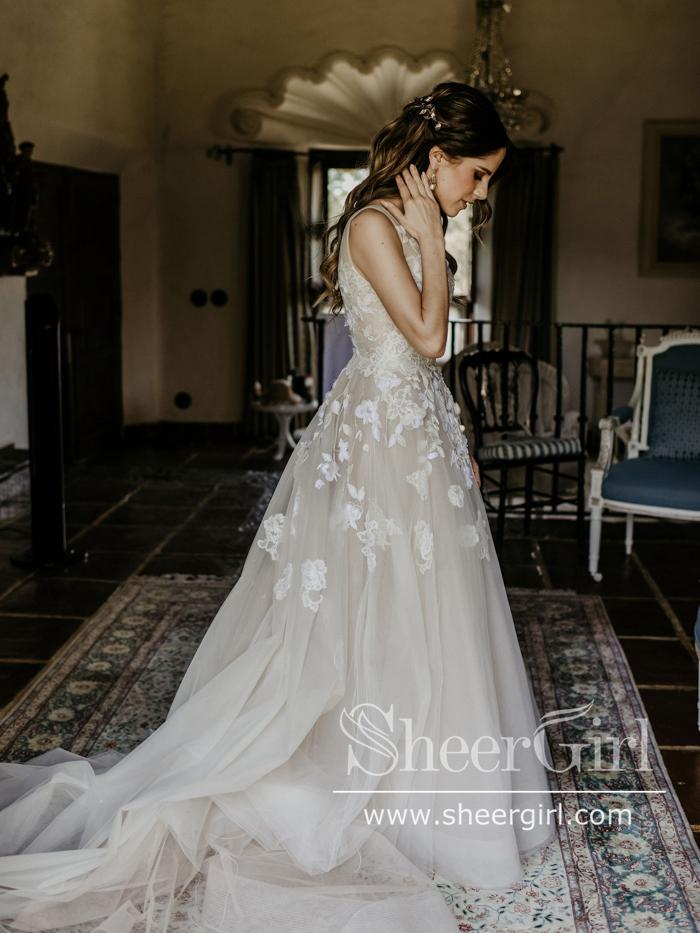 Vintage Floral Lace with 3D Flowers A Line V Neck Wedding Dress AWD1821-SheerGirl
