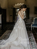 Vintage Floral Lace with 3D Flowers A Line V Neck Wedding Dress AWD1821-SheerGirl