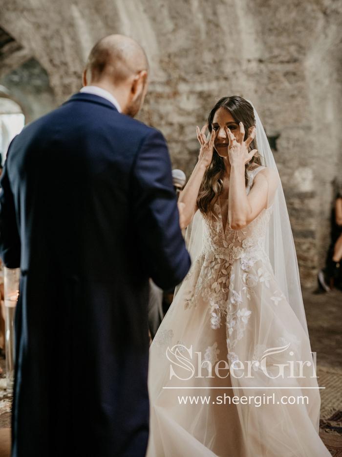 Vintage Floral Lace with 3D Flowers A Line V Neck Wedding Dress AWD1821-SheerGirl