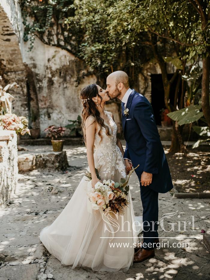 Vintage Floral Lace with 3D Flowers A Line V Neck Wedding Dress AWD1821-SheerGirl