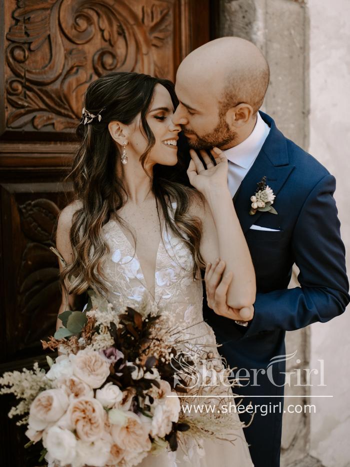 Vintage Floral Lace with 3D Flowers A Line V Neck Wedding Dress AWD1821-SheerGirl