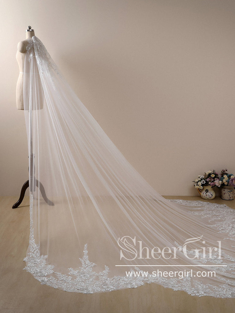 Vintage Floral Lace with Sequins Cathedral Veil Shaped Bridal Veil Wedding Veil ACC1184-SheerGirl