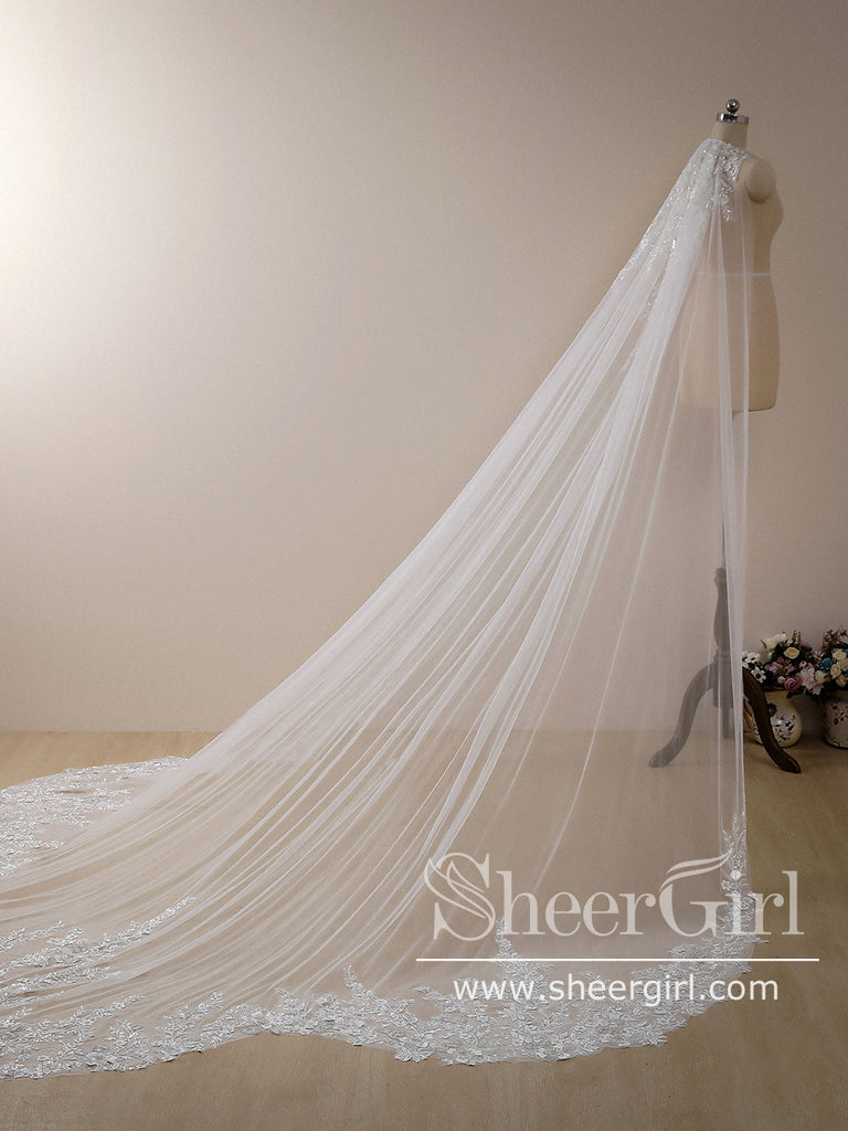 Vintage Floral Lace with Sequins Cathedral Veil Shaped Bridal Veil Wedding Veil ACC1184-SheerGirl