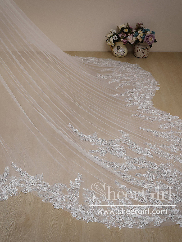 Vintage Floral Lace with Sequins Cathedral Veil Shaped Bridal Veil Wedding Veil ACC1184-SheerGirl