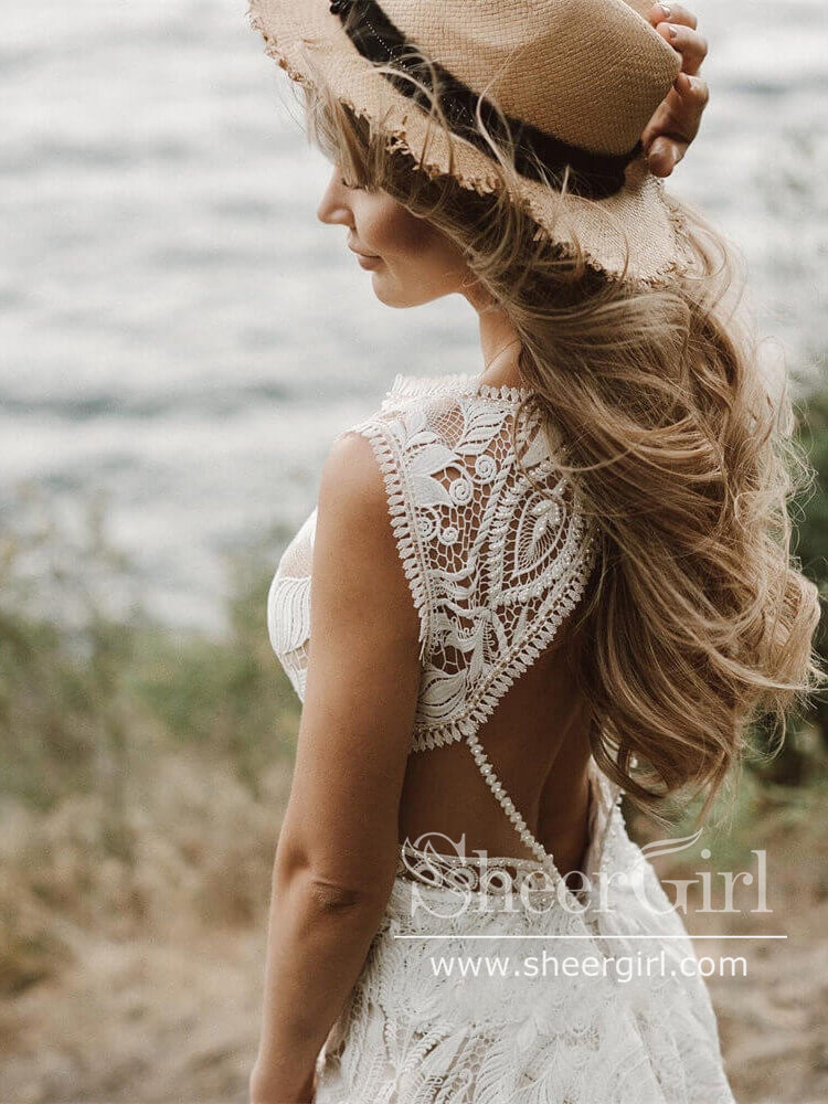 Vintage Lace Bateau Neck Sheath Wedding Dress With Keyhole Back AWD1858-SheerGirl