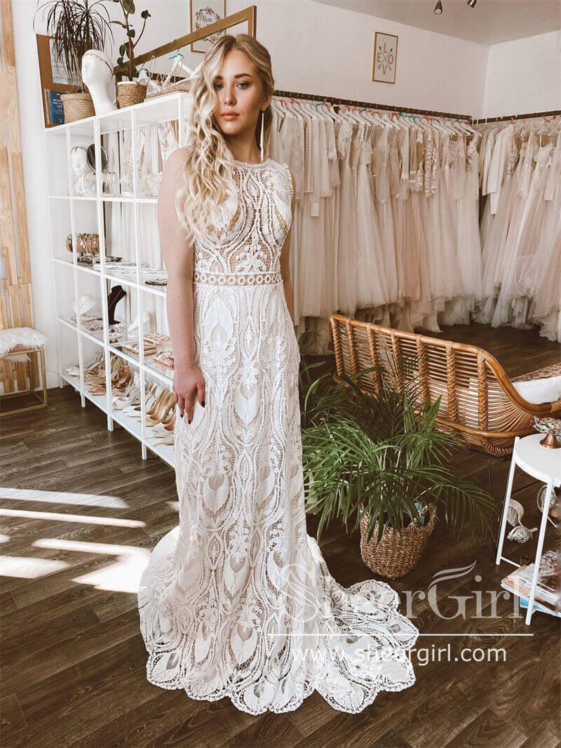 Vintage Lace Bateau Neck Sheath Wedding Dress With Keyhole Back AWD1858 Vintage Lace Bateau Neck Sheath Wedding Dress With Keyhole Back AWD1858