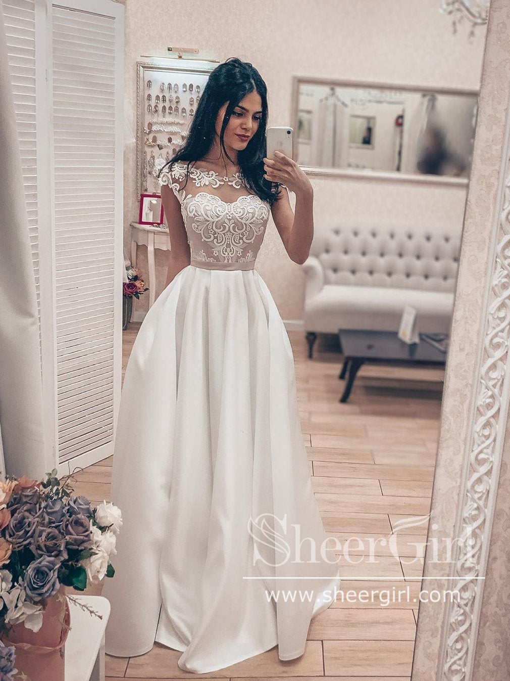 Vintage Lace Bodice Bateau Corset Back A Line Satin Wedding Dress AWD1763 Vintage Lace Bodice Bateau Corset Back A Line Satin Wedding Dress AWD1763