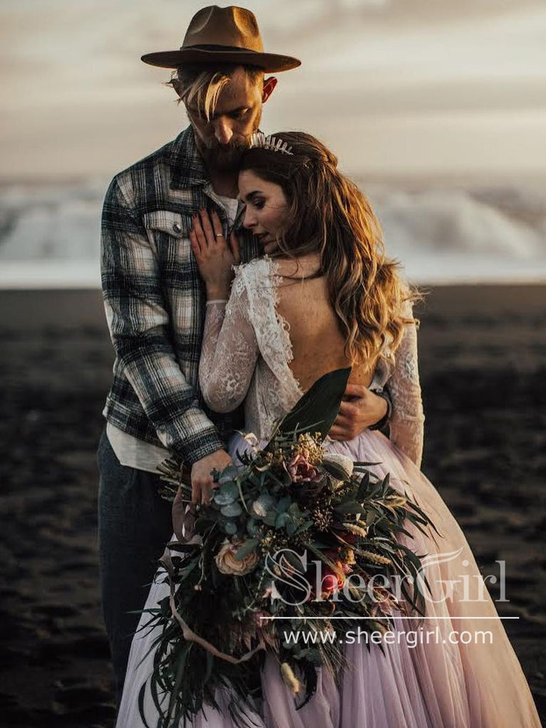 Vintage Lace Long Sleeves Boho Wedding Dresses 3D Florals Bridal Dress AWD1793-SheerGirl