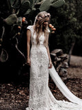 Vintage Lace Rustic Wedding Dresses Cap Sleeve Sheath Boho Wedding Dress AWD1347-SheerGirl