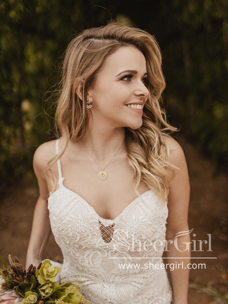 Vintage Lace Rustic Wedding Dresses Spaghetti Straps Sheath Boho Wedding Dress AWD1774-SheerGirl