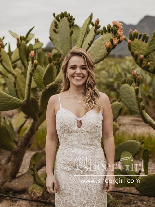 Vintage Lace Rustic Wedding Dresses Spaghetti Straps Sheath Boho Wedding Dress AWD1774-SheerGirl
