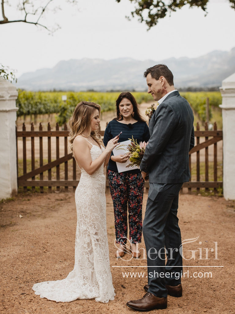 Vintage Lace Rustic Wedding Dresses Spaghetti Straps Sheath Boho Wedding Dress AWD1774-SheerGirl