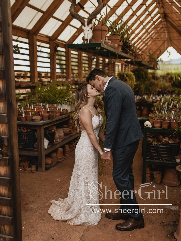 Vintage Lace Rustic Wedding Dresses Spaghetti Straps Sheath Boho Wedding Dress AWD1774-SheerGirl