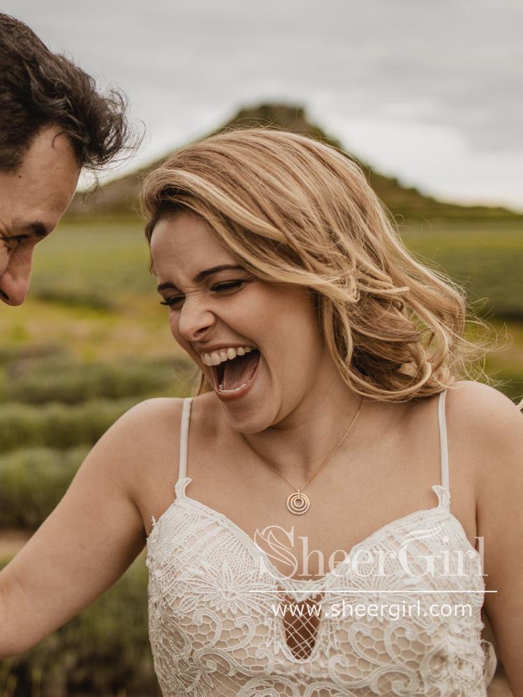 Vintage Lace Rustic Wedding Dresses Spaghetti Straps Sheath Boho Wedding Dress AWD1774-SheerGirl