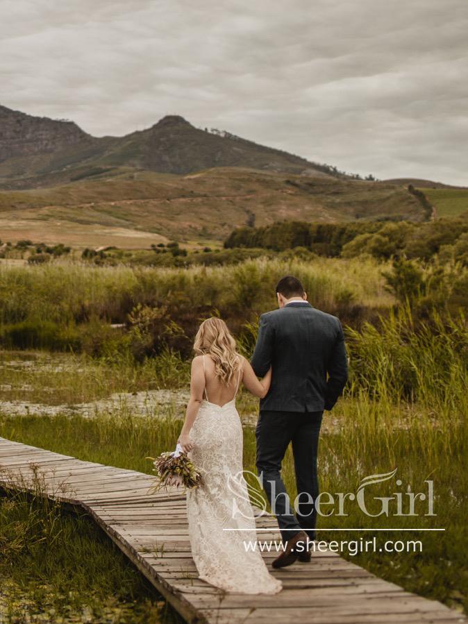 Vintage Lace Rustic Wedding Dresses Spaghetti Straps Sheath Boho Wedding Dress AWD1774-SheerGirl