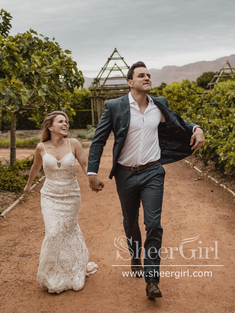 Vintage Lace Rustic Wedding Dresses Spaghetti Straps Sheath Boho Wedding Dress AWD1774-SheerGirl