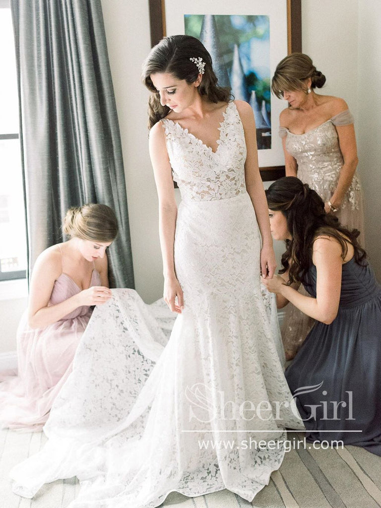 Vintage Lace Unlined Bodice V Neck Mermaid Wedding Dress AWD1727-SheerGirl