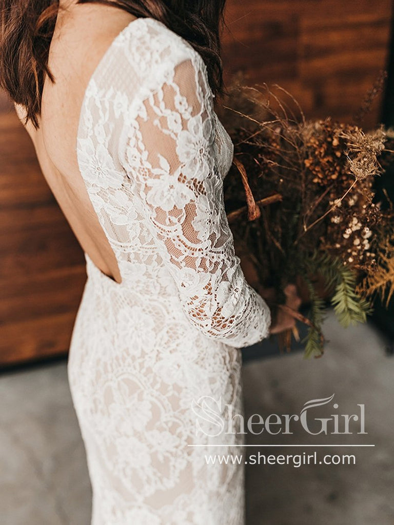 Vintage Lace V Neck Mermaid Bridal Gown with Chapel Train Wedding Dress AWD1824-SheerGirl