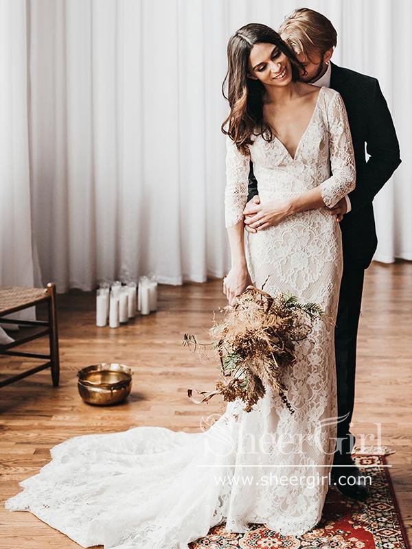 white lace long sleeve v neck dress Wedtrend Women Boho Wedding Dress Ivory Lace Chiffon V-Neck Long Sleeve  Bridal Dress – WEDTREND