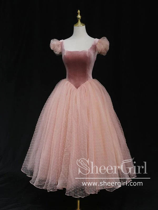 Vintage Velvet Princess Dress Polka Dots Tea Length Homecoming Dress ARD2753-SheerGirl