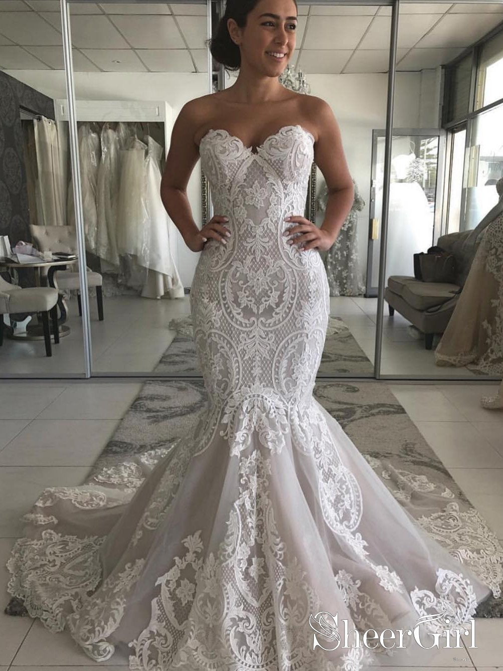 mermaid tight wedding dress Wedding Dress with Drop Waist and Cascades Gorgeous Lace Mermaid with Court Train Bridal Dress AWD1675