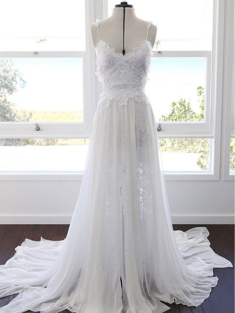 white christmas dresses White Chiffon Spaghetti Strap Lace Beach Wedding Dresses,BCD0024