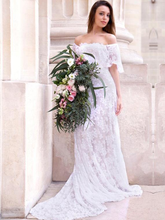 blue dress for baby girl Bohemian Wedding Off Shoulder See Through Ivory Lace Long Sleeves Wedd –  AlineBridal