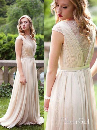 A-line Chiffon Long Bridesmaid Dress,Simple Prom Dress with Cap Sleeve   SheerGirl