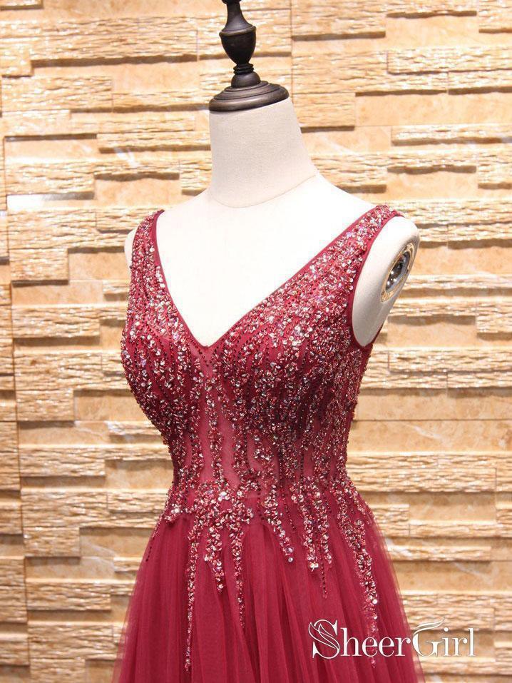 A-line V-neck Burgundy Tulle Beaded Prom Dresses with Split APD3011-SheerGirl