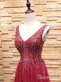 A-line V-neck Burgundy Tulle Beaded Prom Dresses with Split APD3011-SheerGirl