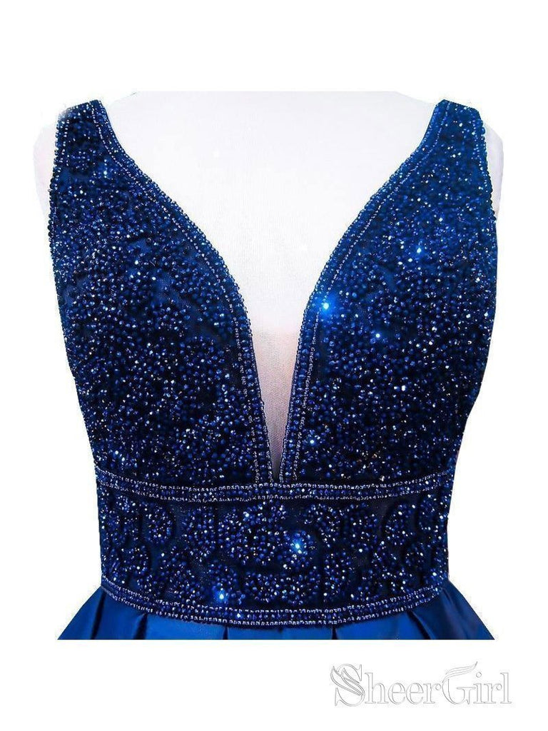 Beaded Bodice Ball Gown Navy Blue Satin Long Prom Dresses 2019 APD3028-SheerGirl