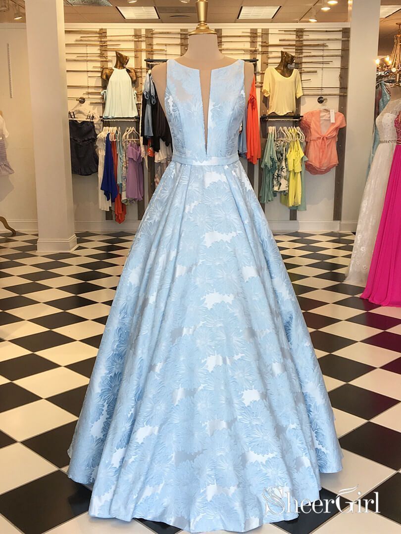 Cheap Sky Blue Long Prom Dresses with Pockets Lilac Jacquard Prom Ball – SheerGirl