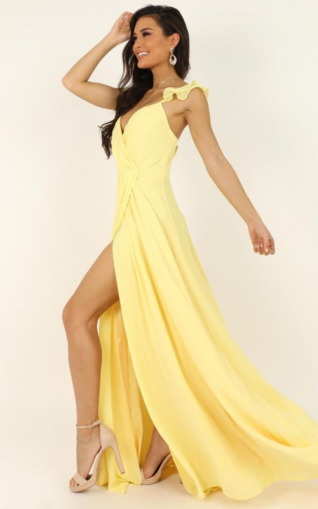 Daffodil Yellow High Slit Ruffle Straps Chiffon A Line Long Prom ARD2522-SheerGirl