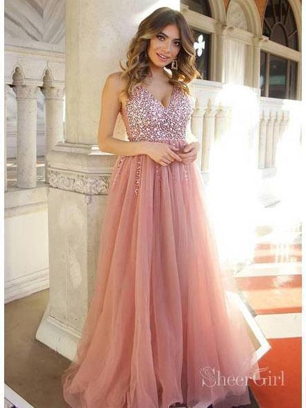Dusty Rose Long Tulle Prom Dresses Shiny Bodice V Neck Formal Dress ARD2028 Dusty Rose Long Tulle Prom Dresses Shiny Bodice V Neck Formal Dress ARD2028