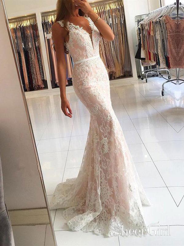 Ivory Lace V-Neck Mermaid Long Prom Dresses with Sweep Train APD3078