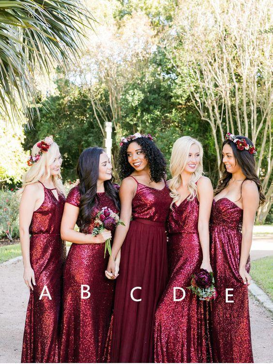 Long Sequins Lace Burgundy Modest Mismatched Bridesmaid Dresses with Sleeves PB10106 Long Sequins Lace Burgundy Modest Mismatched Bridesmaid Dresses with Sleeves PB10106