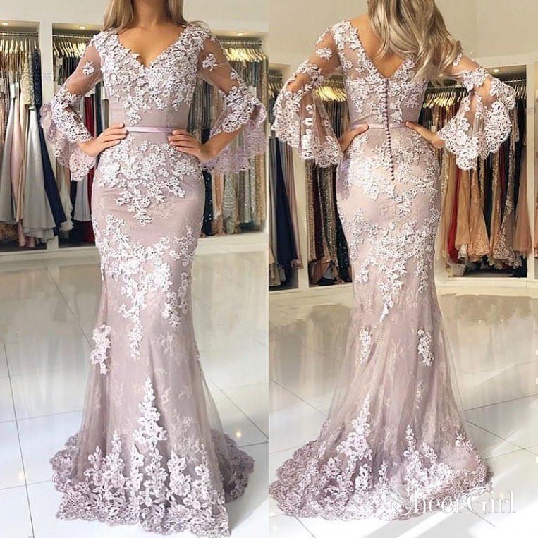 Modest Mermaid Lace Prom Dresses with Sleeves Vintage Prom Dress