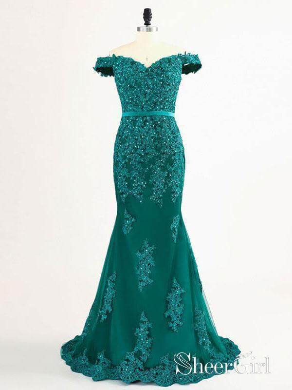 Off the Shoulder Emerald Green Lace Mermaid Long Prom Dresses APD2992 SheerGirl Off the Shoulder Emerald Green Lace Mermaid Long Prom Dresses APD2992 SheerGirl