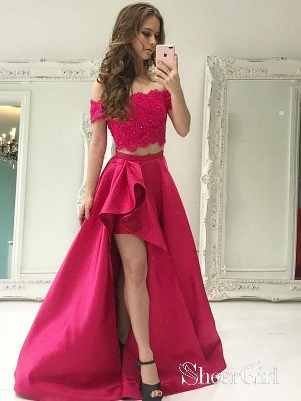 Off the Shoulder Lace Appliqued Two Piece Prom Dresses APD3221 SheerGirl Off the Shoulder Lace Appliqued Two Piece Prom Dresses APD3221 SheerGirl