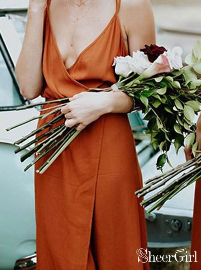 Orange Spaghetti V Neck Strap Long Bridesmaid Dresses Cheap APD1746-SheerGirl
