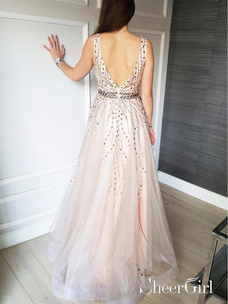 Rhinestone Beaded Formal Dresses Backless V Neck Shiny Prom Dresses ARD1441-SheerGirl