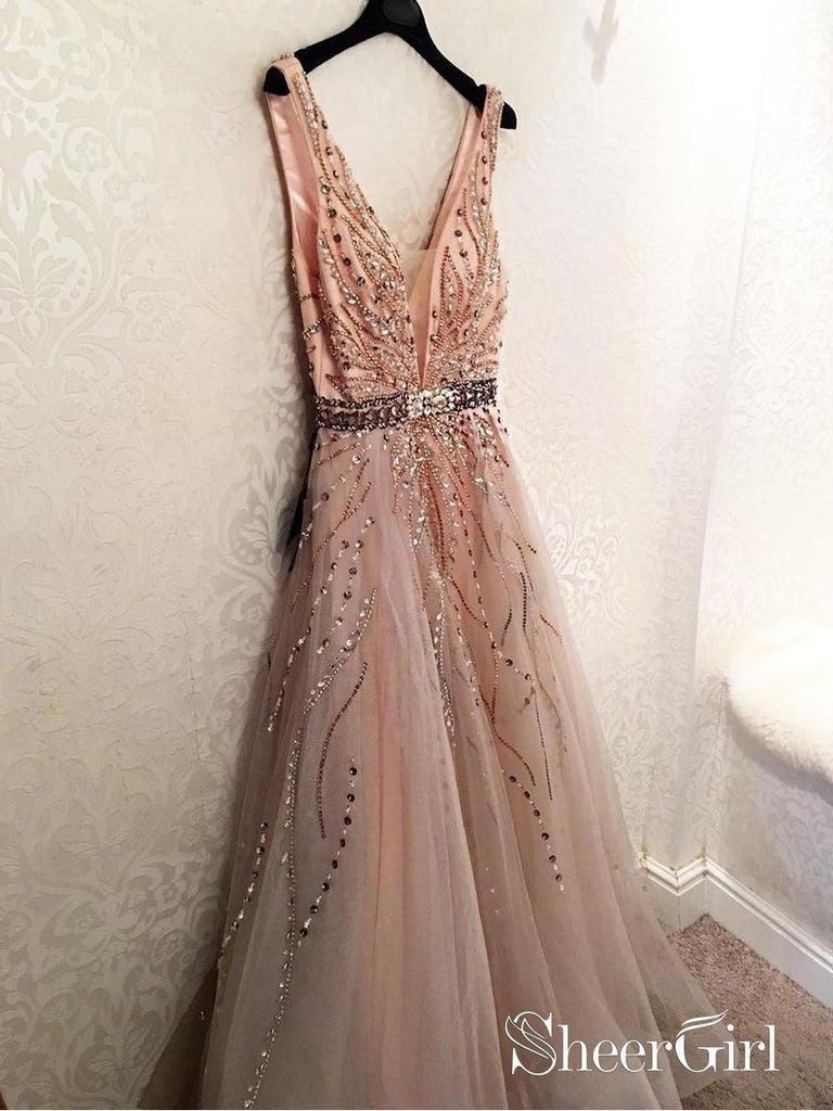 Rhinestone Beaded Formal Dresses Backless V Neck Shiny Prom Dresses ARD1441-SheerGirl