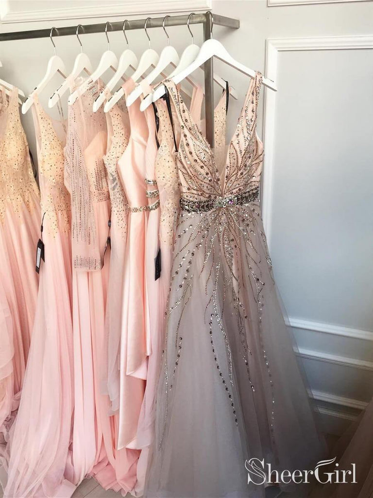 Rhinestone Beaded Formal Dresses Backless V Neck Shiny Prom Dresses ARD1441-SheerGirl