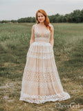 V Neck Long Lace Prom Dresses Plus Size with Pocket Vintage Formal Dress ARD1949-SheerGirl