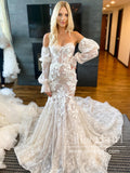 3D Flowers Lace Wedding Gown Sweetheart Neck Mermaid Lace Wedding Dress with Detachable Puff Sleeves AWD1965-SheerGirl