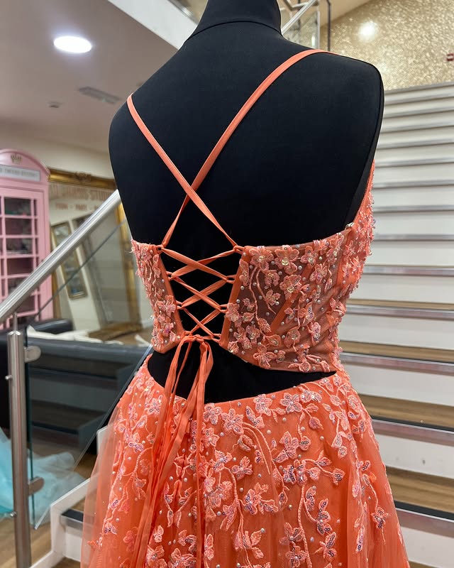 A-line Spaghetti Straps Deep V-neck Long Orange Prom Dresses ARD3187 SheerGirl A-line Spaghetti Straps Deep V-neck Long Orange Prom Dresses ARD3187 SheerGirl