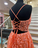 A-line Spaghetti Straps Deep V-neck Long Orange Prom Dresses ARD3187-SheerGirl