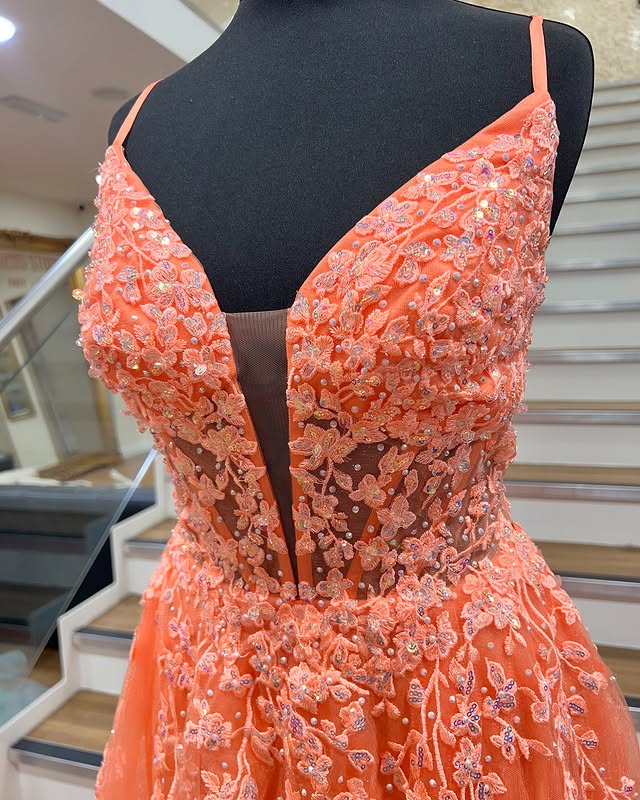 A-line Spaghetti Straps Deep V-neck Long Orange Prom Dresses ARD3187 A-line Spaghetti Straps Deep V-neck Long Orange Prom Dresses ARD3187