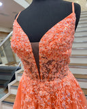 A-line Spaghetti Straps Deep V-neck Long Orange Prom Dresses ARD3187-SheerGirl